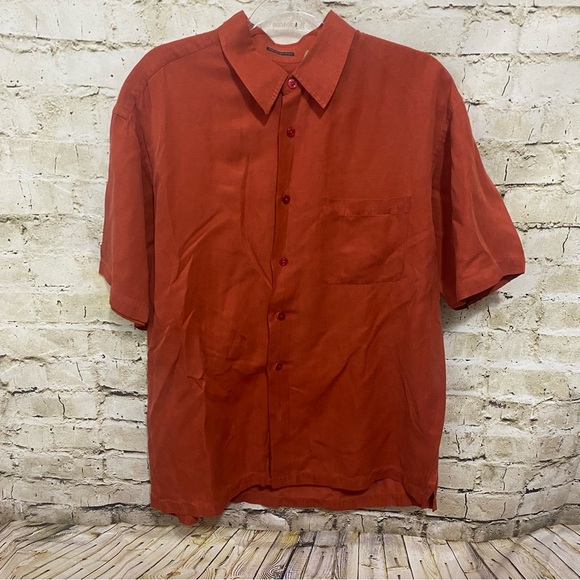 Izod Burnt Orange Washable Silk Linen Blend Button Up Shirt - Picture 1 of 4